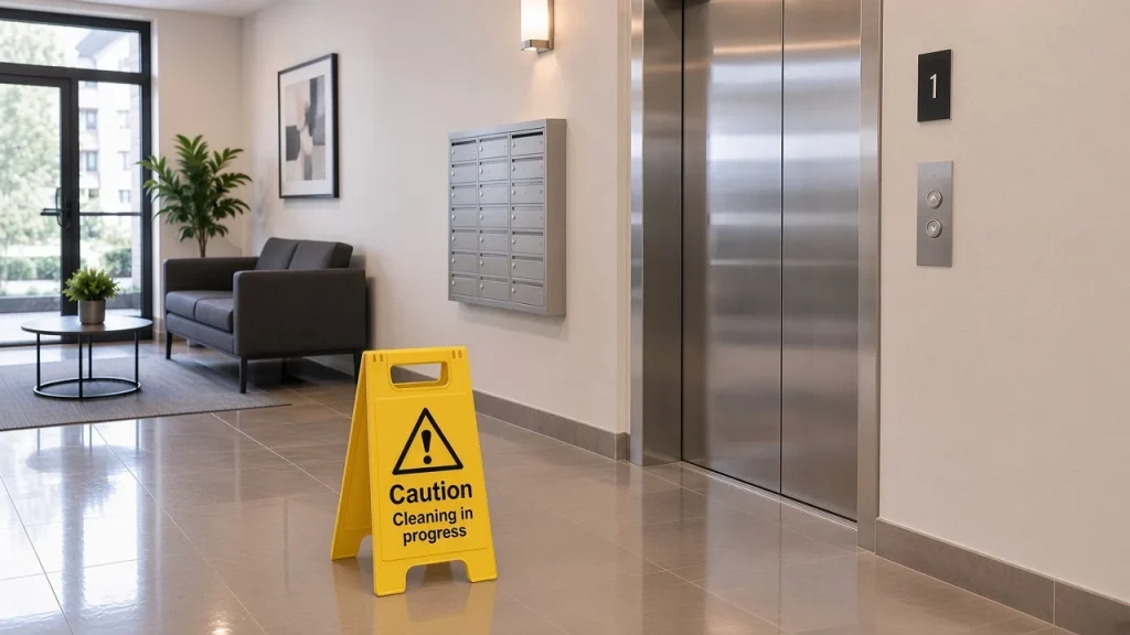 Caution sign on a freshly mopped floor in an apartment block entrance hall, beside the lift