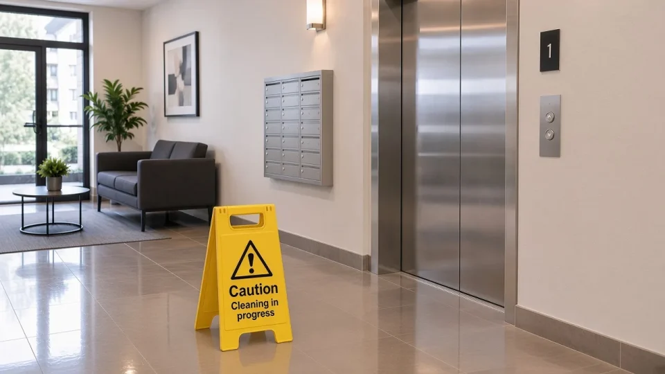 Caution sign on a freshly mopped floor in an apartment block entrance hall, beside the lift