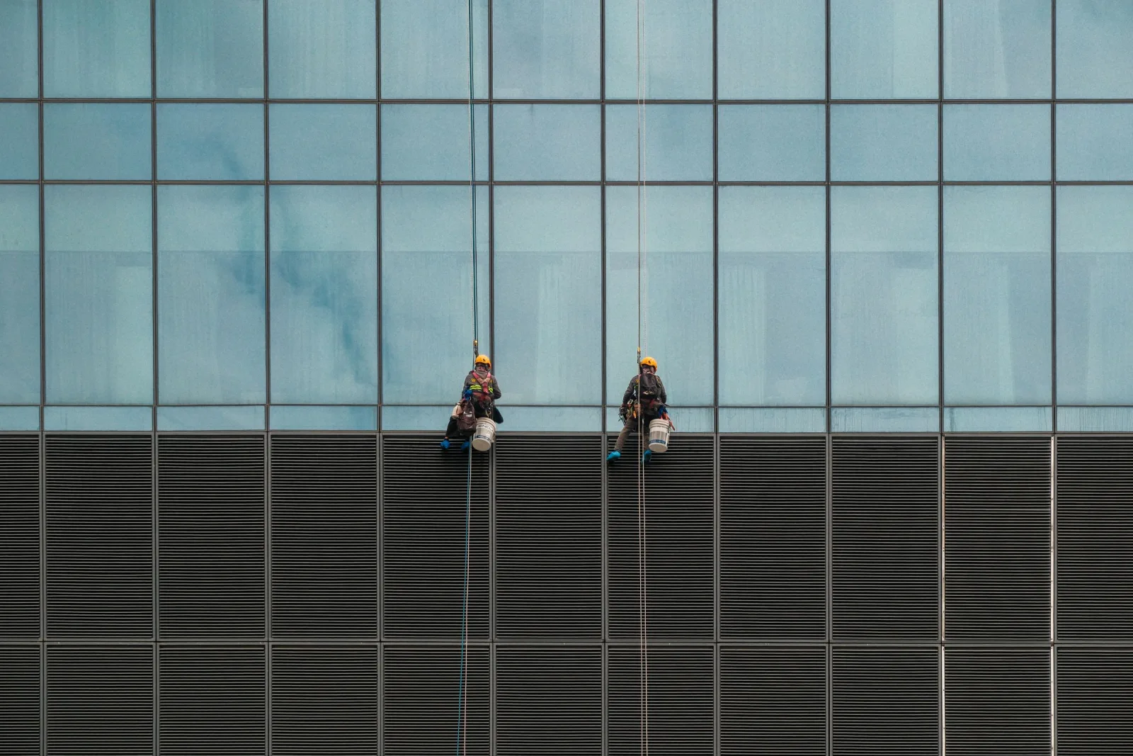Two rope access technicians cleaning the glass curtain wall of a tall commercial building