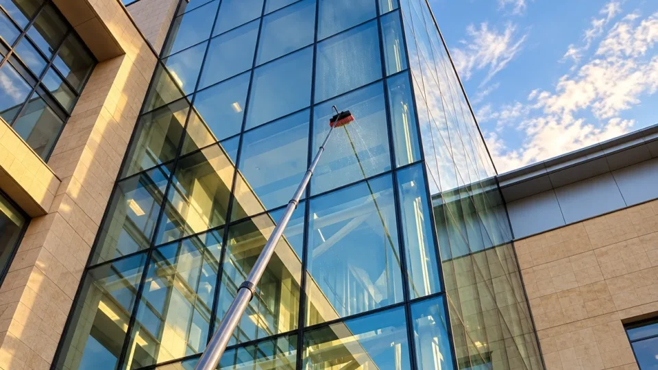 Water-fed pole brush cleaning a glass curtain wall