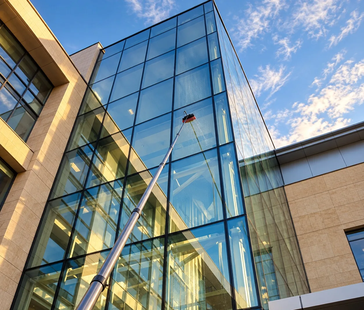 Water-fed pole brush cleaning a glass curtain wall