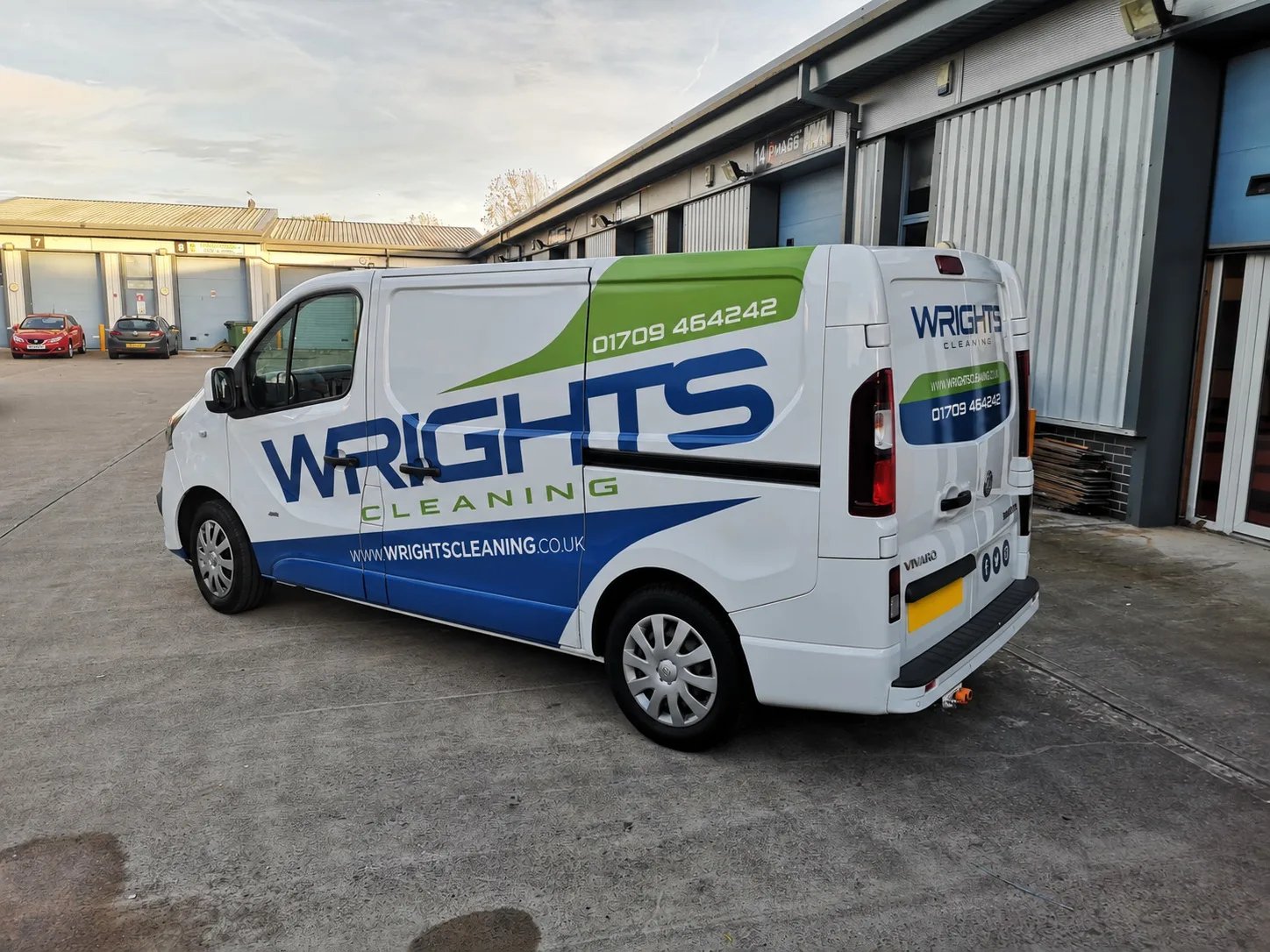 Wrights Cleaning sign-written van outside a business unit